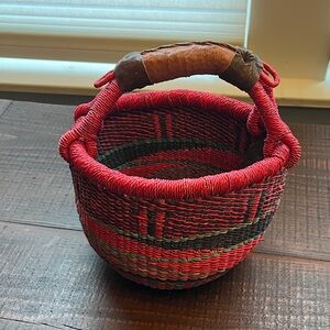 Red, Navy and Teal Woven Market Basket with Leather Handle - 8”